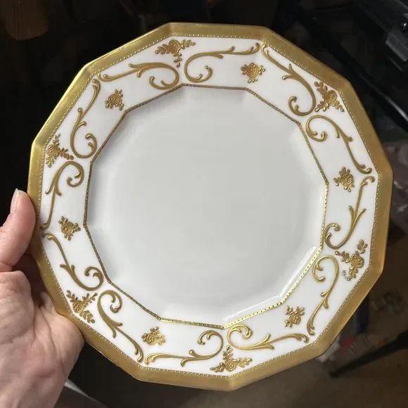 Antique Limoges Plate 9.25” Gold Trim France 12-sided Embossed Scroll - Picture 2 of 14